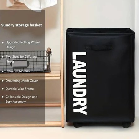 Stor vaskekurv og skittentøyskurv med hjul og håndtak, sammenleggbar og praktisk for hjem og vaskerom_TF_TF