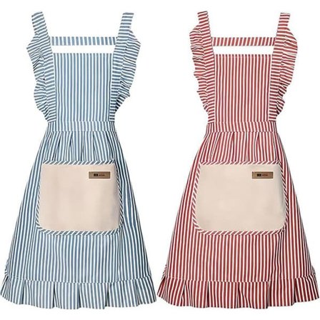 Tvådelade köksförkläden för dam/flickor, justerbara axelband, bomull-linneblandning, med spetsfickor
