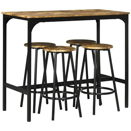 Rootz Barbordssæt - Industrielt Design - 5 Stk.bordsæt - 1 Barbord - 4 Barstole - Siddeområde - Køkkenbord - Sort + Brun - 110L x 50W x 89,5H cm.