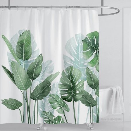 Akvarel Blade Bruseforhæng Sæt Vandtæt Blomsterplante Blade Stof Badeværelsesforhæng med Kroge, B180xH200cm