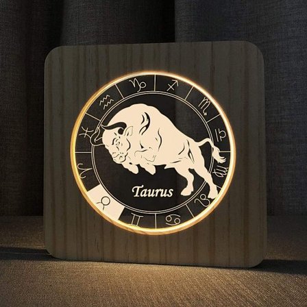 Træbordlampe Horoskop Konstellation 3D Illusion Natlys til Soveværelse Fødselsdagsfest Dekoration (Tyren)