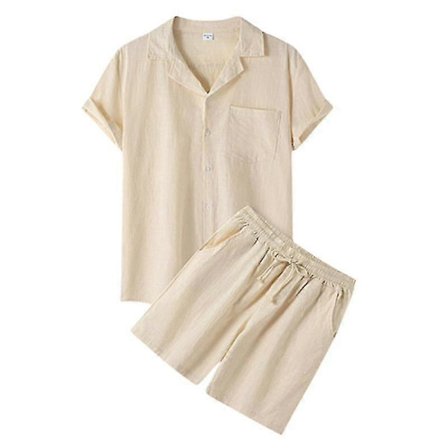 Herr 2-delad linneoutfit, skjorta med knappar och lediga lösa byxor Beige