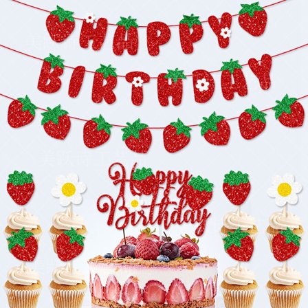 1 set födelsedagsdekoration - frukt och jordgubbstema, 1 set festdekoration, födelsedagsbanderoll, tårtdekoration, födelsedagsartiklar, för barnkalas