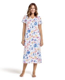 Blommigt nattlinne i mjuk bomullsjersey Sommaräng Blå - 36/38 - Åshild