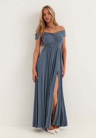 Goddiva - Bardot Rouched Maxi Split Dress - Cloudy Blue