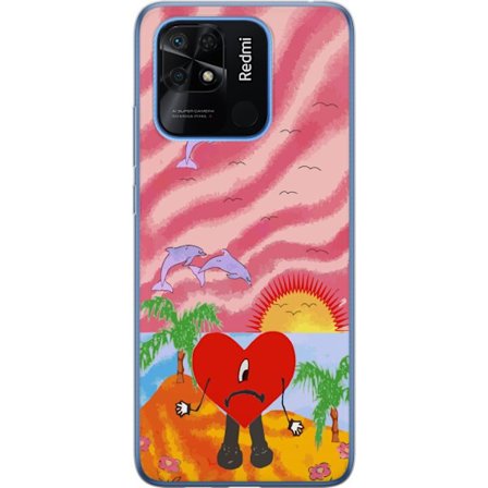 Yhteensopiva Puhelinkuori Xiaomi Redmi 10C Bad Bunny värikkäässä tikatussa takissa sydänkuvioilla ja aurinkolaseilla modernissa katutyylissä
