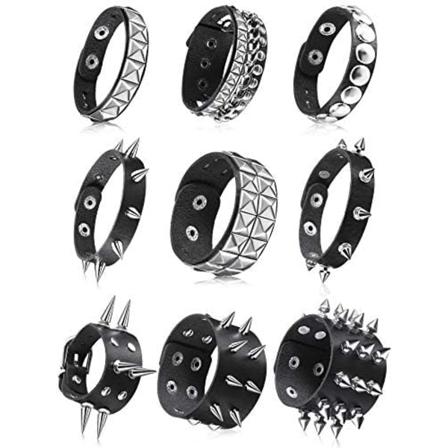 9 stykker piggete naglet armbånd svart lær nagle punk armbånd