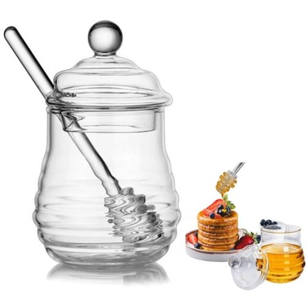1 stk. - Klar honningkrukke - Honningdispenser - Med ske og låg - Transparent - 6,5*6,5*13,5 cm - 280 ml