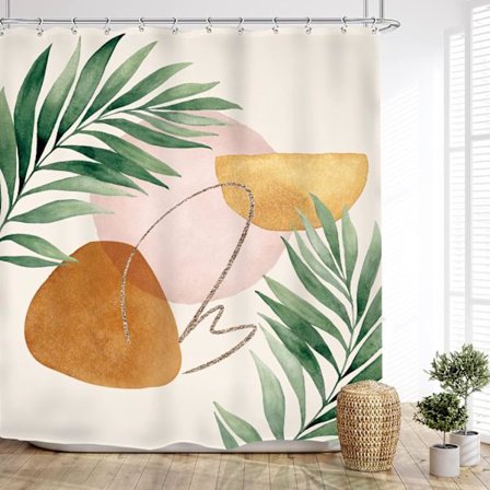 Duschdraperi i vintagestil från mitten av århundradet - Abstrakt bohemiskt tropiskt palmblad - 12 krokar (150 cm * 180 cm) Akvarellblad 150*180 CM