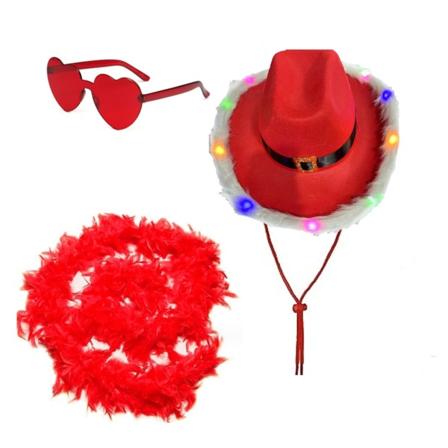 Glødende cowboyhatt+hjertesolbriller med fjærskjerfsett for jente som tar bilder