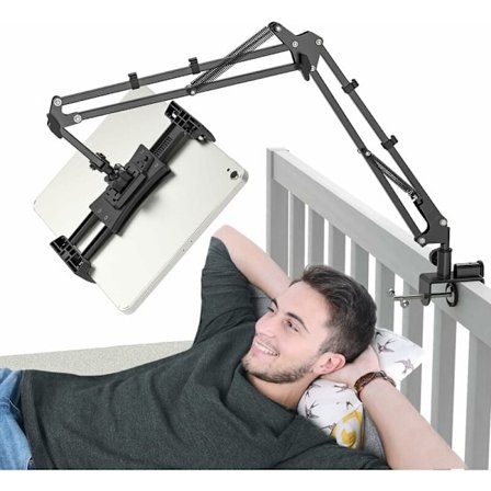 Tablet sengestøtte. 360° dreibar nettbrettstøtte. med robuste aluminiumsarmer. Passer til iPhone, iPad og andre elektroniske enheter med 4,7-12,9 
