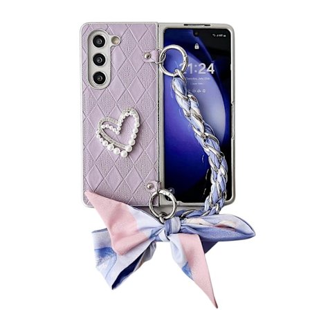 Mobilfodral för Samsung Galaxy Z Flod 6 med Handkedja Armband Silkeshalsduk Diamantmönster Pärlhjärta Design Stötsäker Skyddande Telefonfodral