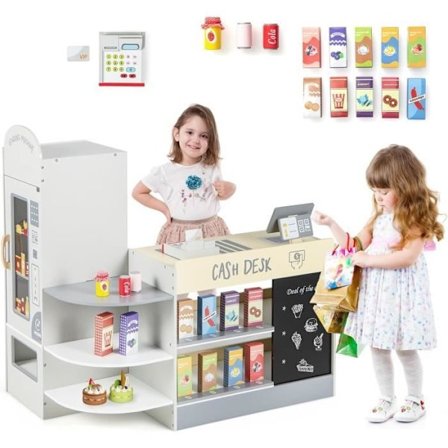 COSTWAY Barnhandlare 15 Tillbehör, Varuautomat, Barnbutik med Blackboard, 3-8 år Vit
