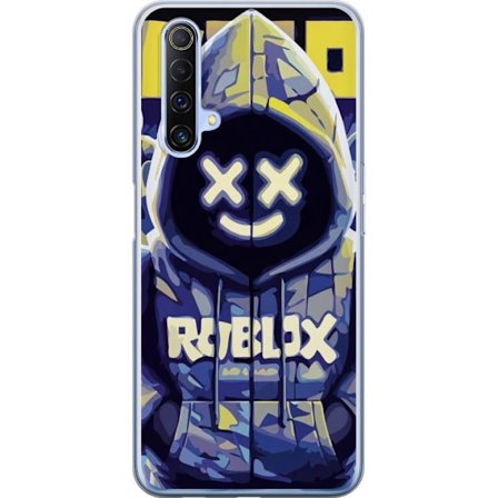 Kompatibelt Mobildeksel til Realme Realme X50 5G Blågul Roblox hettegenserfigur med minimalistisk neonstil og masket ansikt, moderne spillillustrasjo