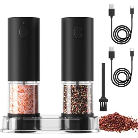 Elektrisk salt- og pepperkvern, oppladbar, svart pepperkvern med base, justerbar, LED-lampe for grilling, restaurant