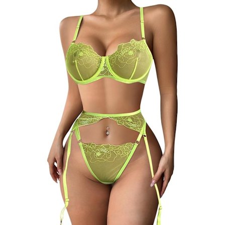 osy Sexy Underwire Fargerik Kawaii Søt Gjennomsiktig Strømpebånd Lingerisett BH og Truser 3-delt Broderte Mes Stor