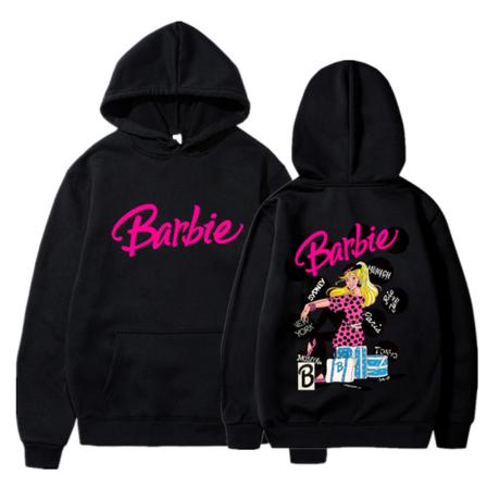 Barbie sammetströja dam med massiv printed känguruficka med dragsko med dragsko black m