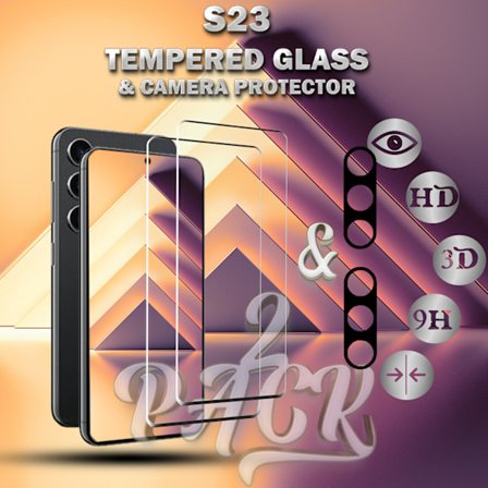 2-Pack Samsung S23 Skärmskydd & 2-Pack linsskydd - Härdat Glas 9H - Super kvalitet 3D