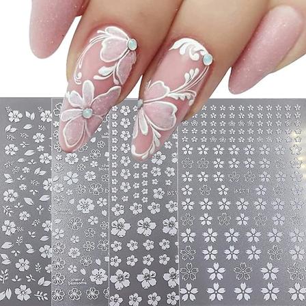 Blommiga nagelklistermärken vita guld blommor nagel dekaler 3d självhäftande nagelkonsttillbehör 8 ark körsbärsblommor nageldesigner för kvinnor 