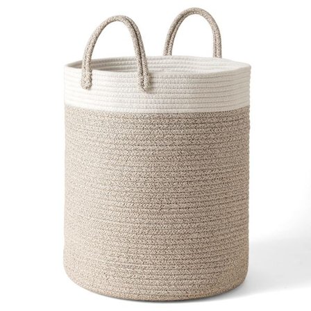 Stor opbevaringskurv - Vasketøjskurv i bomuldsreb med håndtag til bleer, tæppe, legetøj, håndklæde, vævet vasketøjskurv, boligindretning, hvid & ørken