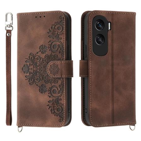 Case för Honor 90 Lite 5g / X50i 5g, cover med mönstertryckt läderfodral med rem Brown
