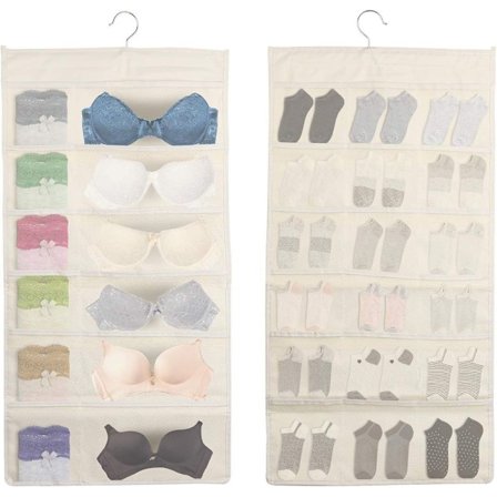 Hängande organiserare för underkläder och strumpor, dubbelsidig förvaring med nätfickor