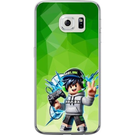 Kompatibelt Mobildeksel til Samsung Galaxy S6 edge Roblox-inspirert gamerfigur med headset, håndkontroll og energiske effekter mot grønn bakgrunn