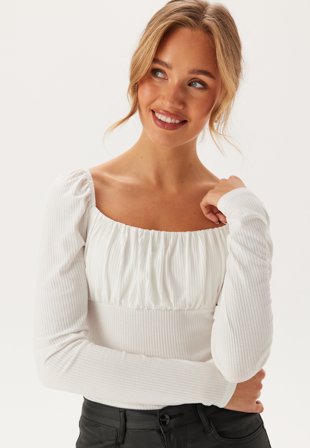 Bubbleroom - Rushed Square Neck Long Sleeve Top - White - Kläder