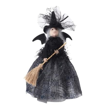 Halloween-heks tretopppyntning, 1 stk 28 cm svart heks ornament med edderkoppnettkjole, flaggermusvinger, heksebesom, Halloween heks gnomepynt black