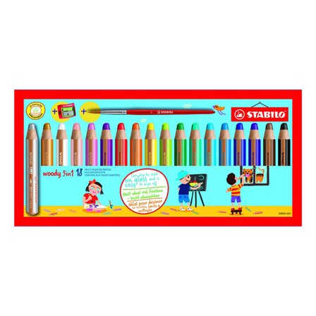 Stabilo Woody 3-in-1-Buntstifte 18er-Set + Anspitzer und Pinsel (ab 3 Jahren)