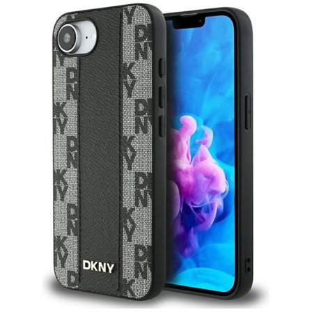 DKNY MagSafe iPhone 16e-etui i skinn med rutete ensfarget mønster - svart