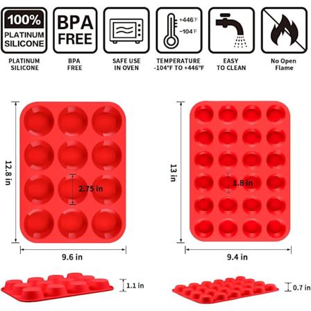 12 ja 24 kupin silikoninen muffinivuoan setti - Tavalliset ja pienet tarttumattomat leivontamuotit, punainen Red * 1pc 2pcs:12-Cup Regular & 24-Cup 