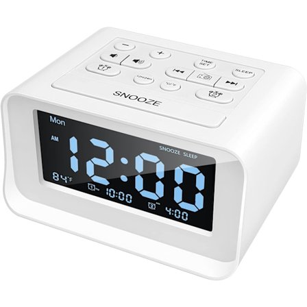 Klokkeradio med dobbel alarm, digital vekkerklokke med 2 USB-lading