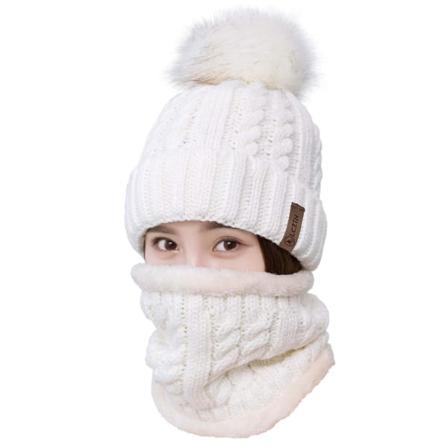 Naisten Pom Beanie Hat Huivi Set Tytöt Talvi Ski Hat Slouchy Neuloa Hattu Fleece Vuorattu(Valkoinen)