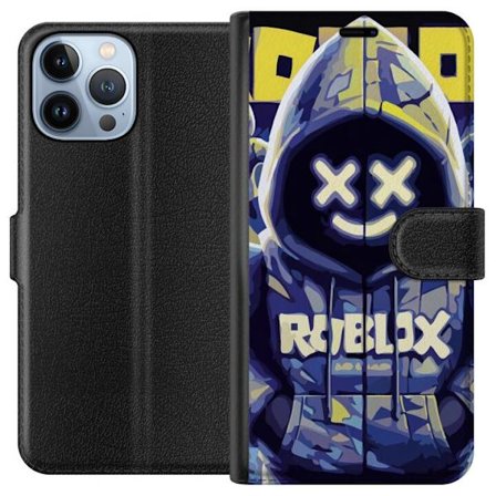 Kompatibelt Lommeboketui til Apple Apple iPhone 13 Pro Max Blågul Roblox hettegenserfigur med minimalistisk neonstil og masket ansikt, moderne spilli