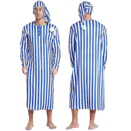 Herre Henley Natkjole Stribet Stor&Høj Langærmet Natkjole med Nathat