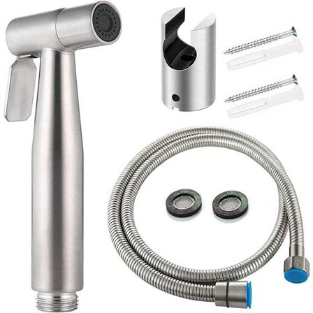 Toalett Bidet Kit med Hånddusj - Håndholdt Bidet Sprayer - Toalett Dusjhode med Slange + Rustfritt Stål Støtte + 2