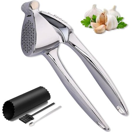 Hvitløkspresse, hvitløkshakkesett med 4 med rustfritt stålskje og silikonrulleskrel