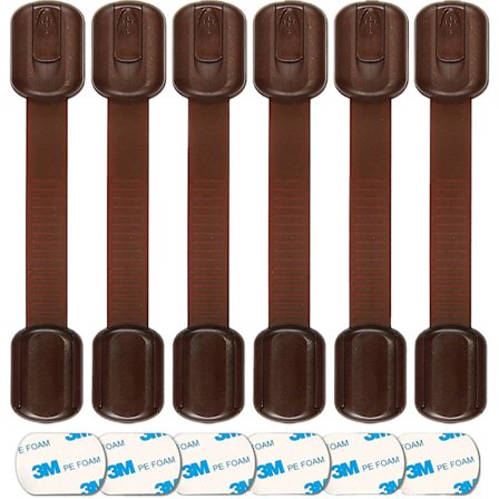 Säkerhetsspärrar för skåp, byrålådor, skåp, ugnar och kylskåp - Justerbara barnsäkra remmar - Brun - 6-pack