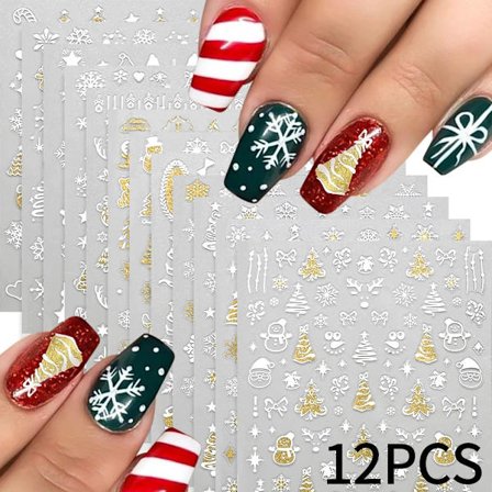 12 Jule Negle Klistermærker med 3D Snefnug & Julemotiver [ZHE]