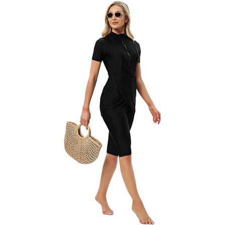 Women Modest Swimwear Islamic Muslim Swimsuit Short Sleeve Zipper Front Top Shorts Pants Hijab 3pcs Swimming Costume S-4xl Xinmu -a