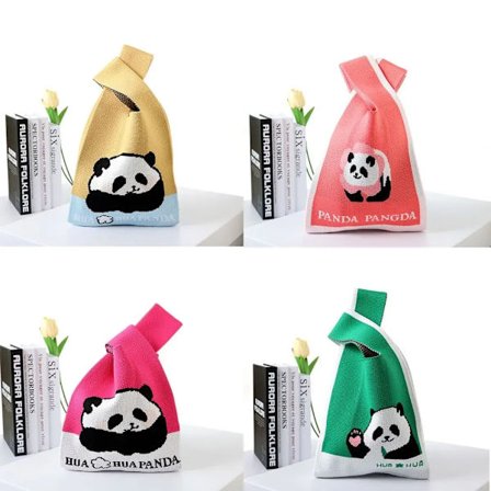 Panda Hand-woven Bag Handmade High-capacity Cartoon Tote Bag Knit Knot Wrist Bag Women