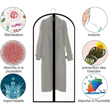 5 kpl vaatesuojat vetoketjulla Pölytiivis Maltatiivis vaatesuojat Läpinäkyvät pestävät pitkille mekoille/paitapuvuille/takeille (60 x 140cm) - musta