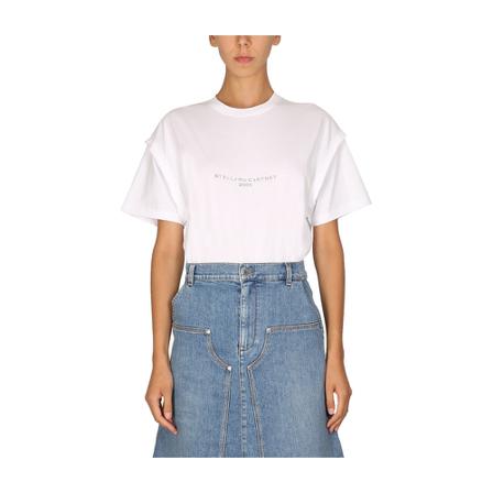 Stella McCartney, Crystal Logo T-Shirt Biały, Kobieta, Rozmiar: 3XS