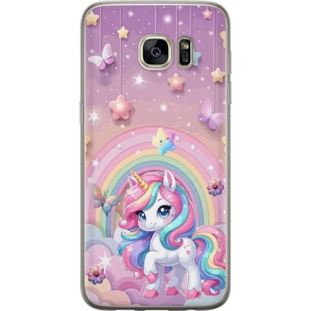 Kompatibelt Mobildeksel til Samsung Galaxy S7 edge Magisk enhjørning med regnbue manke, stjerner og sommerfugler mot en pastellhimmel med skyer