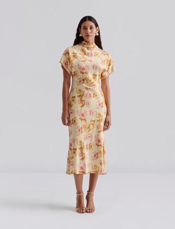 Malina Alivia Short Sleeve Satin Midi Dress - Yellow - S