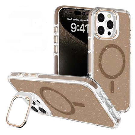 Til iPhone 16 Pro Max Cover Kompatibel med MagSafe Linse Støtteben Glitter PC Telefon Cover