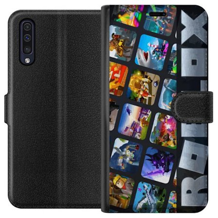 Kompatibelt Lommeboketui til Samsung Galaxy A50 Roblox fargerikt kollasj med populære figurer og spillverdener samlet i en livlig, leken og energirik
