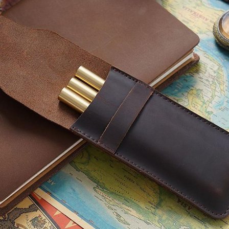 Ægte læder penneetui til fyldepenne, holder til flere penne, brun