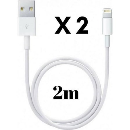 Lot 2 Kablar 2 Meter Vita för iPhone 11, 11 PRO, 11 PRO MAX, X, XS, XS MAX, XR, 8, 8 PLUS, 7, 7 PLUS, 6, 6 PLUS, 5, 5S, SE [Phonillico ]